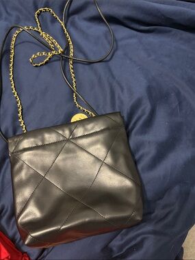 Black Quilted Leather Crossbody Bag with Gold Chain